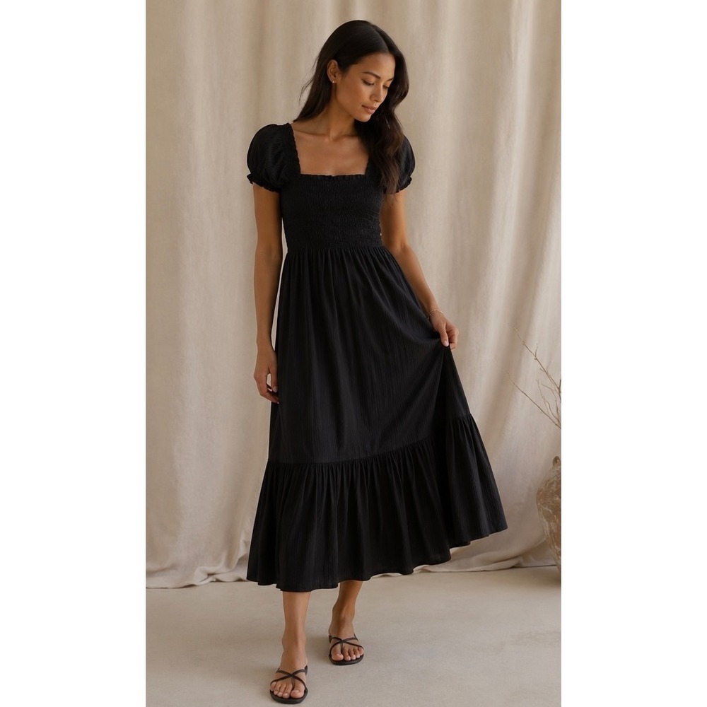 La Ligne Arielle Smocked Puff Sleeve Maxi Dress Black Pockets Sm/Med Quiet Luxe